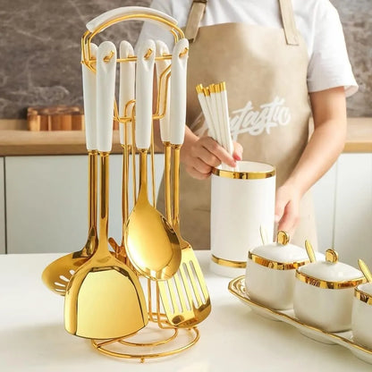 Juego De Utensilios De Cocina Aquax Acero Inoxidable 7 Piezas Con Estante