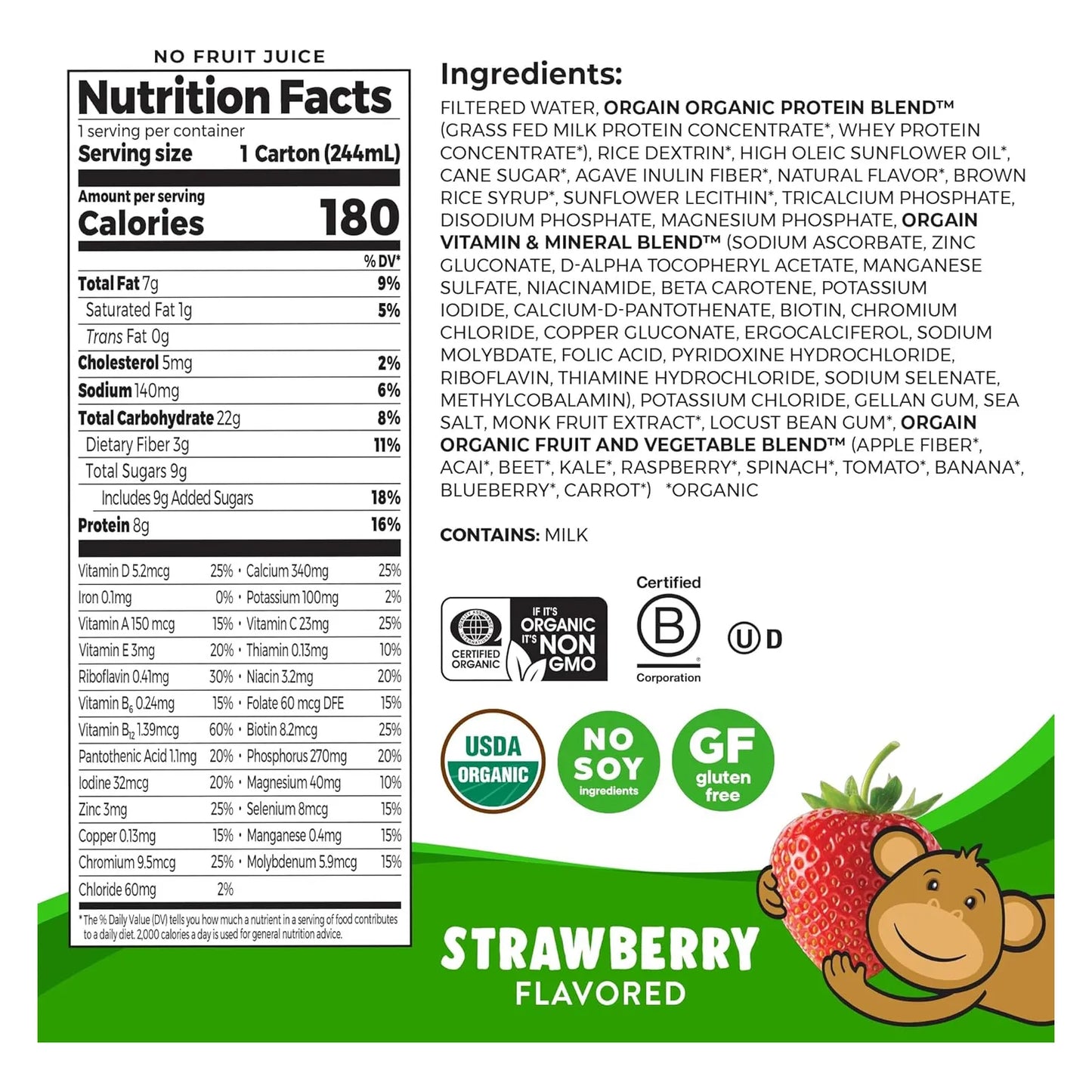 Batido Nutricional Orgánico Para Niños Sabor Fresa Orgain Kids 8.25 Oz Paquete De 12