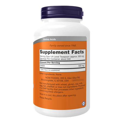 NOW Suplementos Polvo GABA Ácido Gamma Aminobutírico 6 Onzas Soporte Neurotransmisores