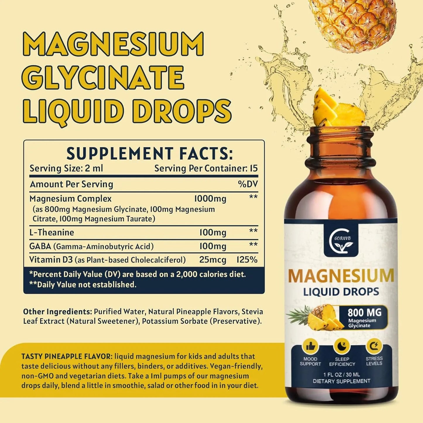 Gotas De Glicinato De Magnesio 1000 Mg Con D3 Y L-Theanina Sabor Piña