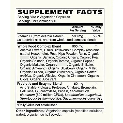Vitamina C 500 Mg Con Extracto Cereza Acerola Complejo Bioflavonoide 60 Capsulas Veganas