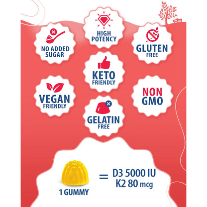 Gomitas Vitamina D3 K2 5000 UI Soporte Inmunologico Y Oseo Sabor Delicioso Veganas