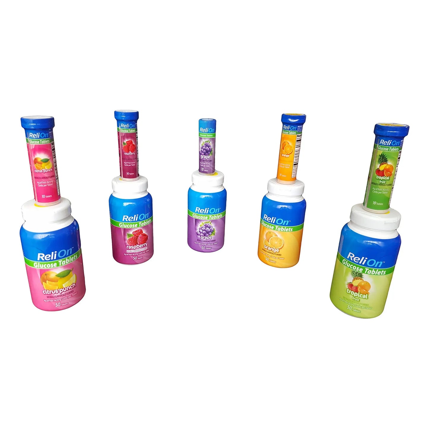 Tabletas De Glucosa ReliOn 50 Unidades Con Tubo Portátil Sabor Naranja