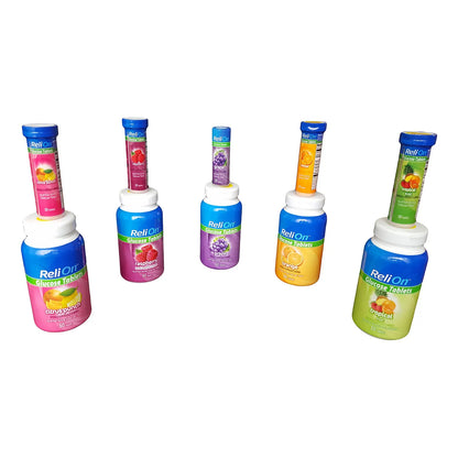 Tabletas De Glucosa ReliOn 50 Unidades Con Tubo Portátil Sabor Naranja