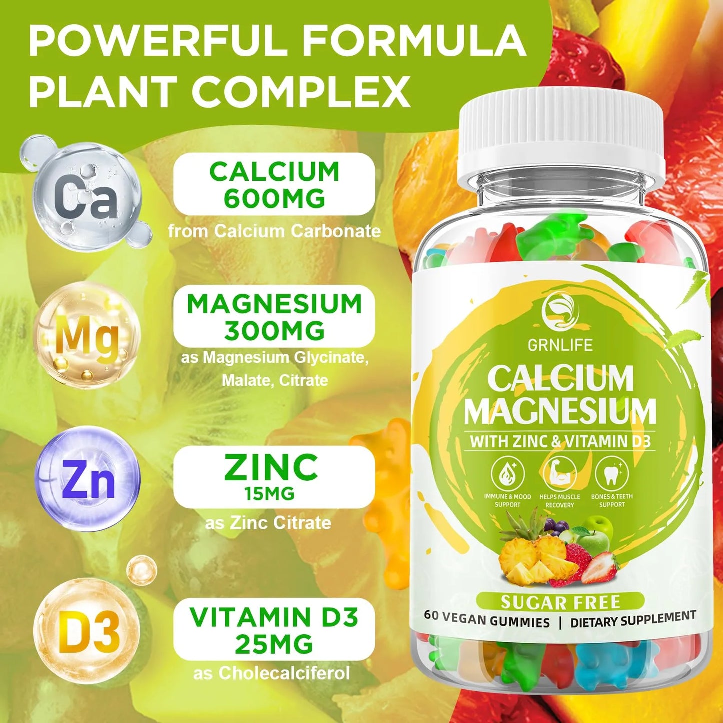 Gomitas De Calcio Magnesio Zinc Vitamina D3 Salud Ósea Muscular Sin Azúcar