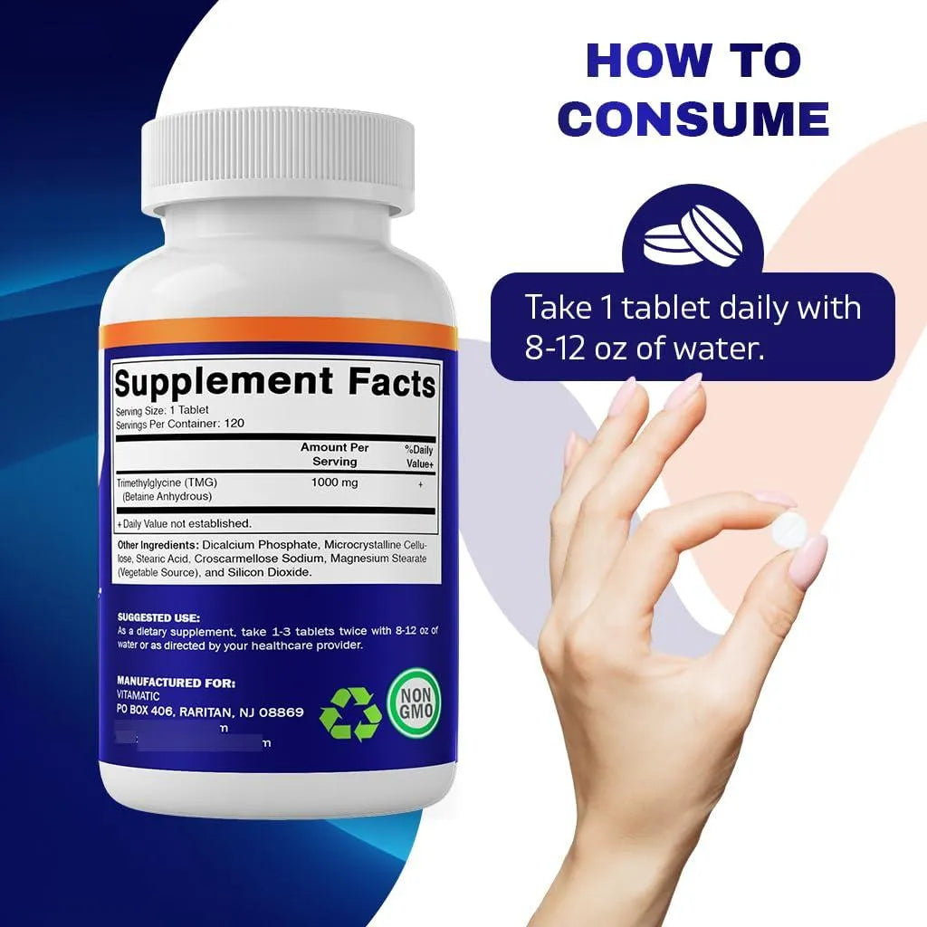 Trimetilglicina Betaína Anhidra 1000mg 120 Tabletas 2 Botellas Sin OMG Y Sin Gluten