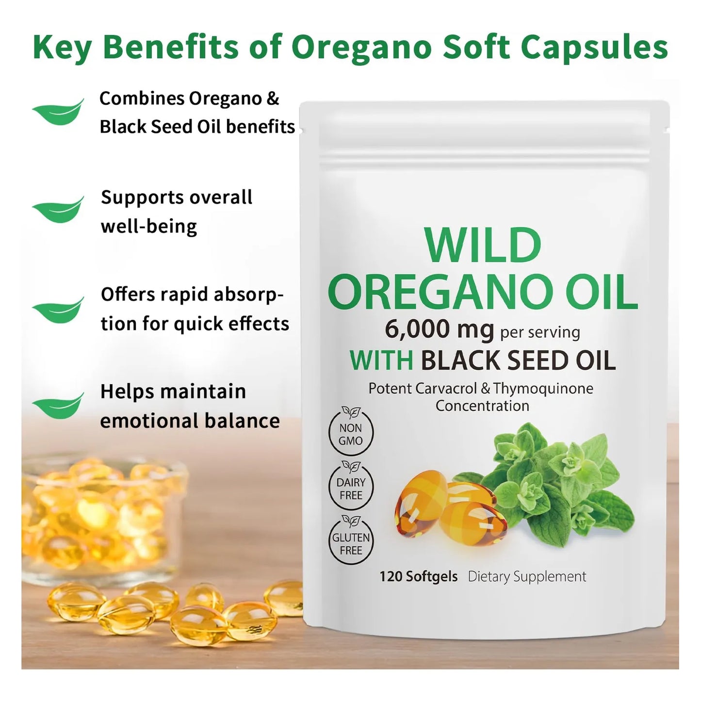 Capsulas De Aceite De Oregano 240 Unidades 6000 Mg Con Aceite De Semilla Negra Vegano