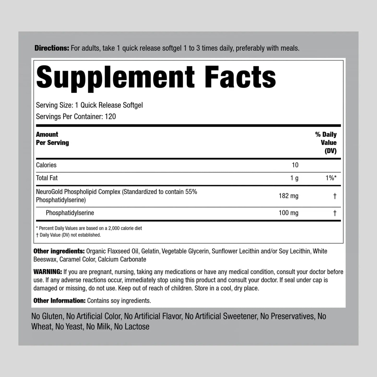 Fosfatidilserina 100mg 120 Capsulas NeuroGold Suplemento Mental Sin Gluten