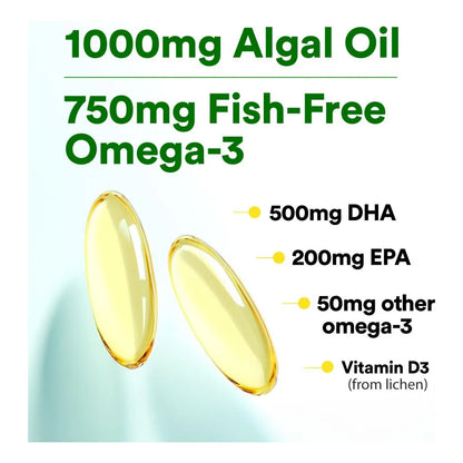 Aceite De Algas Omega 3 Vegano 750 Mg Con DHA Y EPA Para Corazón Y Cerebro
