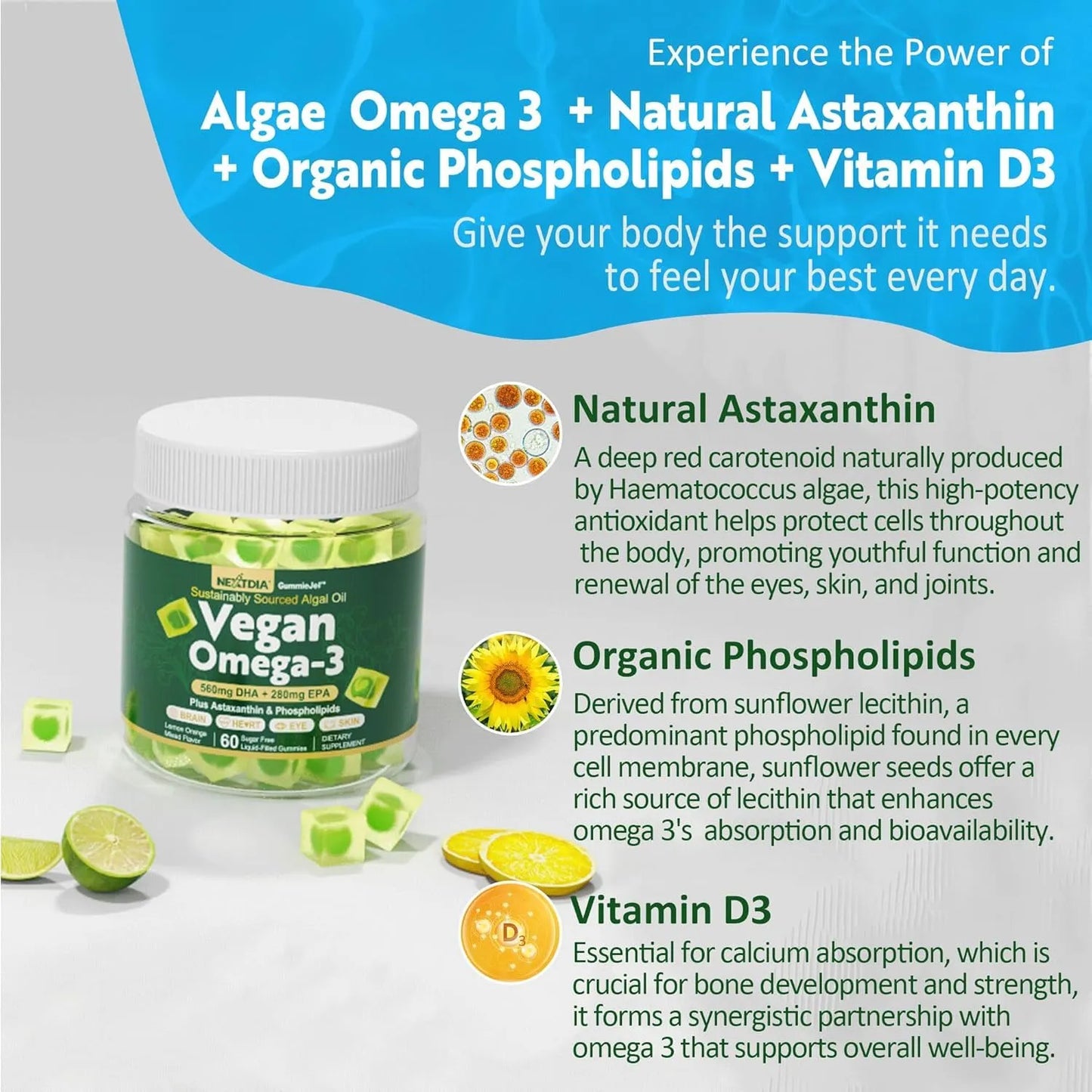 Gomitas Veganas Omega 3 1000 Mg Con Astaxantina Fosfolipidos DHA 560 Mg EPA 280 Mg
