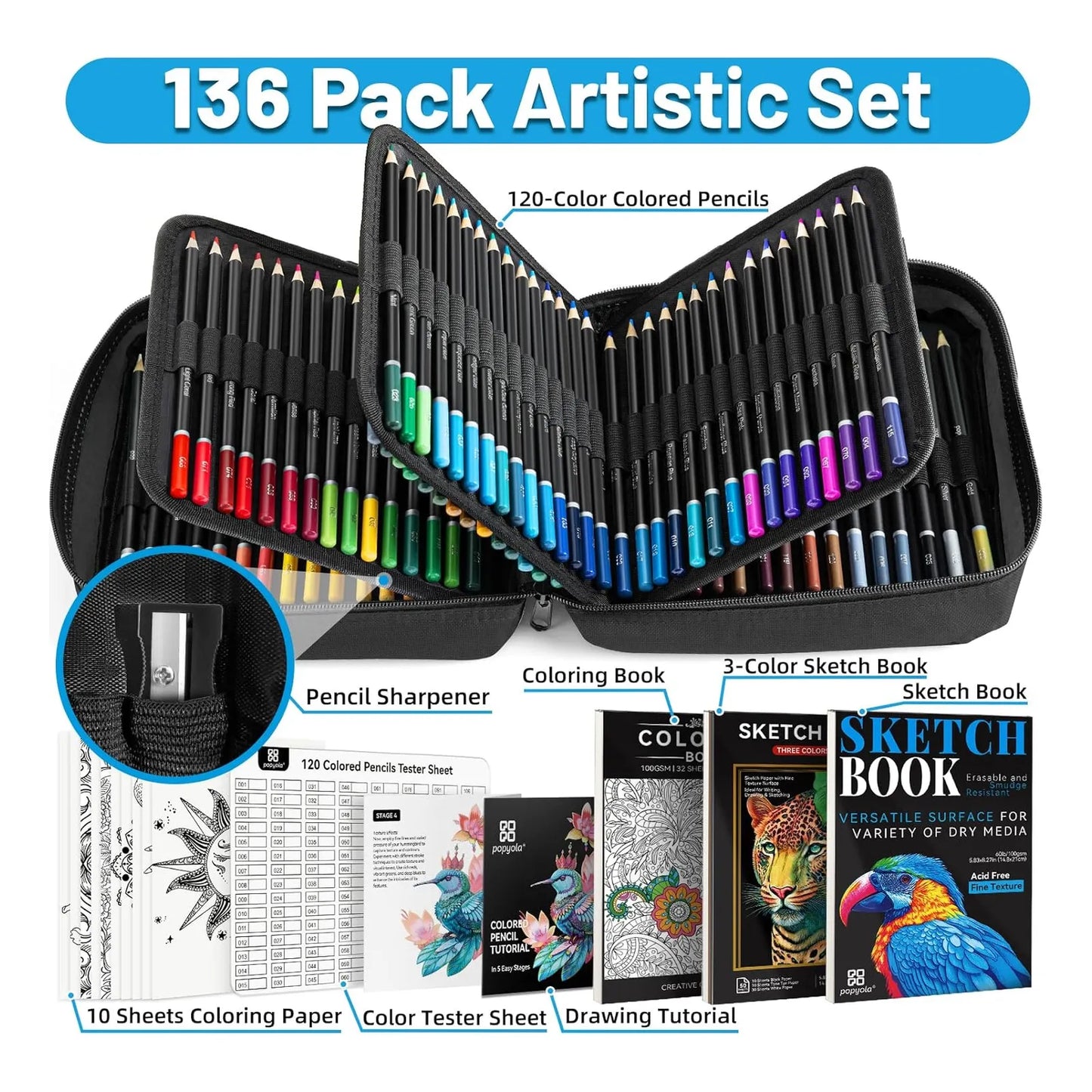 Set Completo De Arte Popyola 136 Lápices Colores Estuche Accesorios