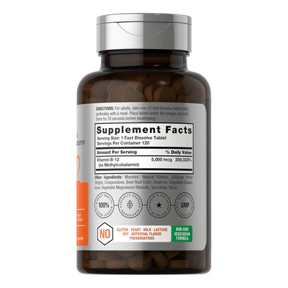 B12 Metilcobalamina Horbaach 5000 Mcg 120 Tabletas Sublinguales Sin Gluten - Imagen 6