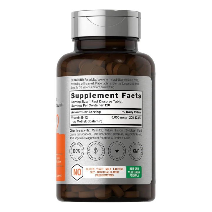 B12 Metilcobalamina Horbaach 5000 Mcg 120 Tabletas Sublinguales Sin Gluten - Imagen 6