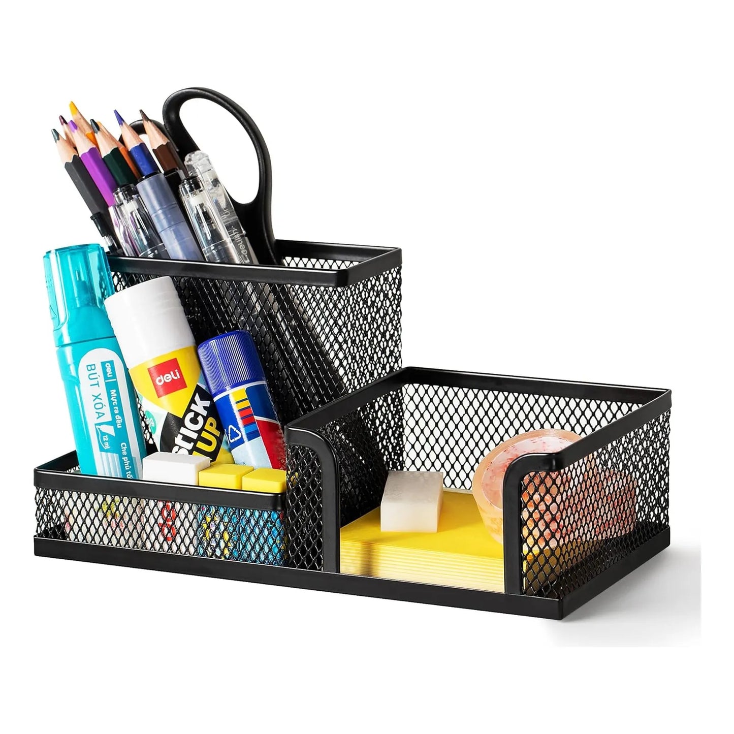 Organizador De Escritorio Deli 3 Compartimentos Malla Acero Negro