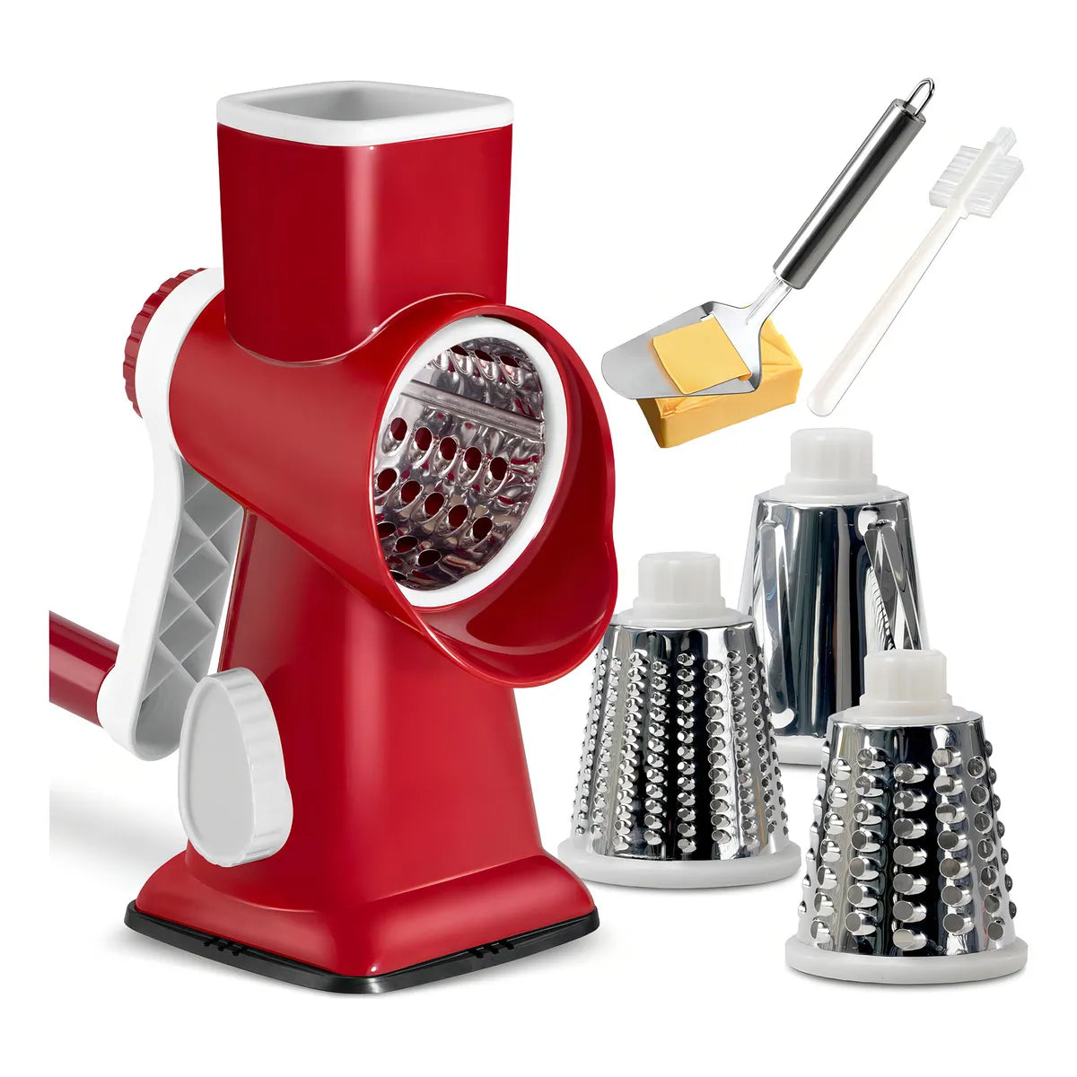 Rallador Rotativo De Queso 3 Cuchillas Intercambiables Rojo Facil Rapido Y Seguro