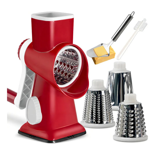 Rallador Rotativo De Queso 3 Cuchillas Intercambiables Rojo Facil Rapido Y Seguro