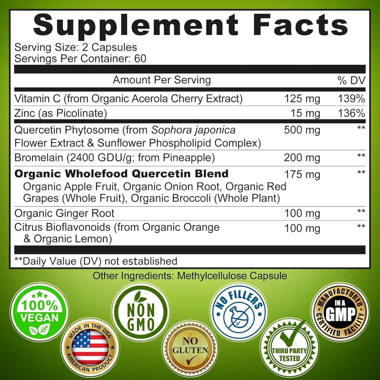 Quercetina Bromelina Vitamina C Zinc 1215 Mg Capsulas Refuerzo Inmunologico Potente