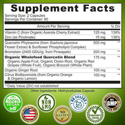Quercetina Bromelina Vitamina C Zinc 1215 Mg Capsulas Refuerzo Inmunologico Potente