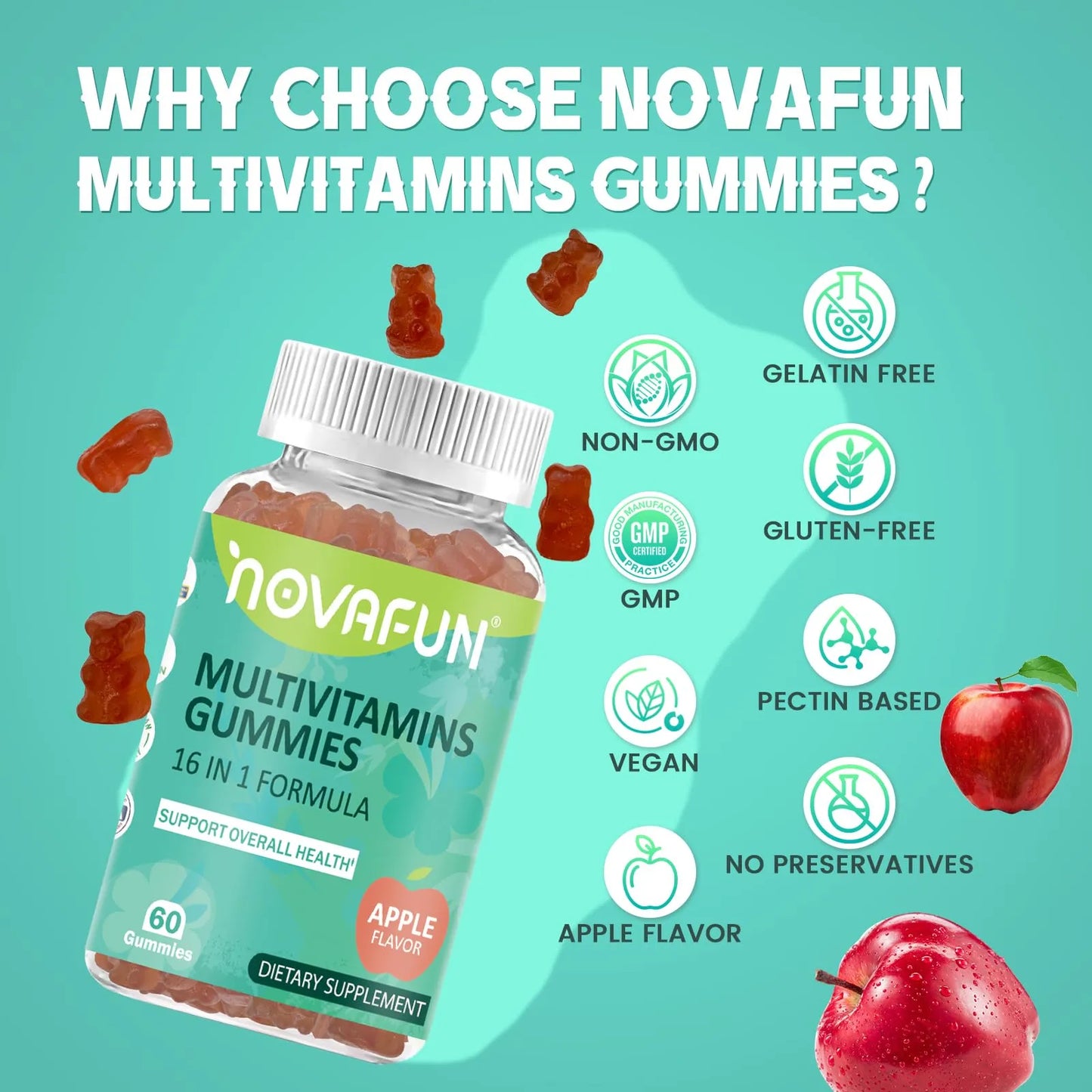 Gomitas Multivitamínicas 16 En 1 Sabor Manzana 60 Unidades Veganas Sin Gluten