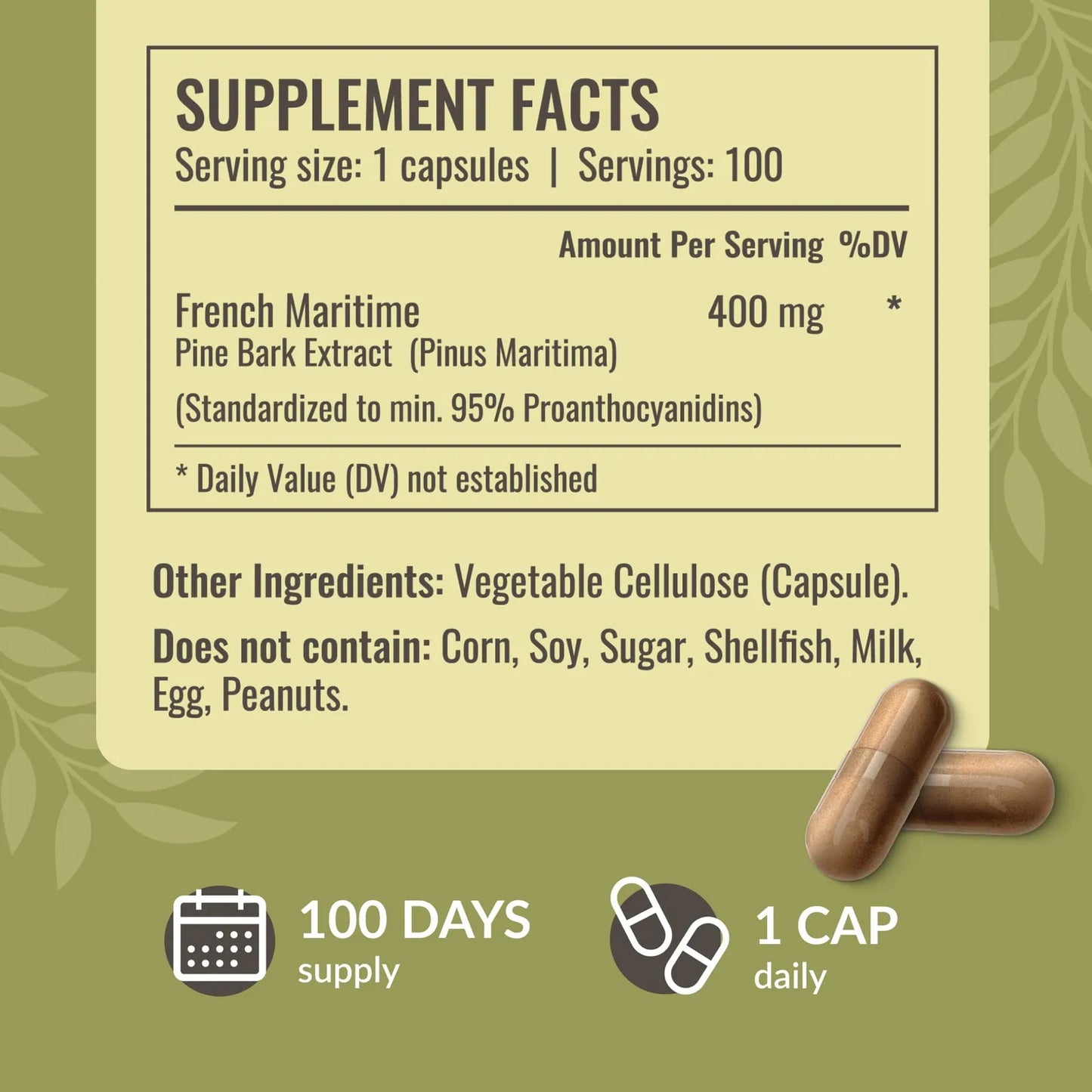 Capsulas Extracto Corteza Pino Maritimo Frances 400 Mg Antioxidante Vegano Sin Omg 100 Unidades