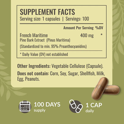 Capsulas Extracto Corteza Pino Maritimo Frances 400 Mg Antioxidante Vegano Sin Omg 100 Unidades