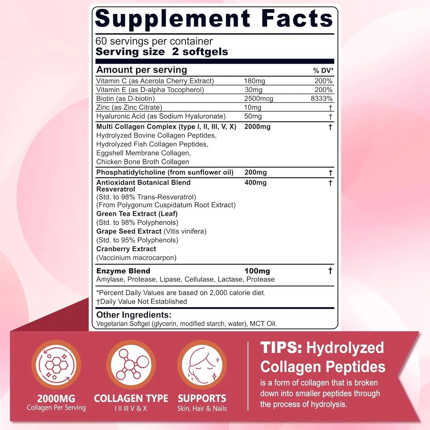 Píldoras De Colágeno Liposomal 2000 Mg Con Biotina Para Piel Cabello Y Uñas