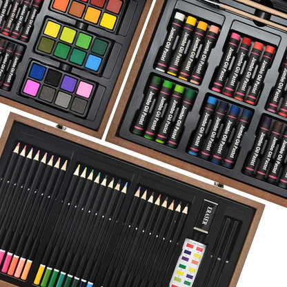 Juego De Arte De Lujo 145 Piezas Caja Madera Kit Dibujo Y Pintura Completo