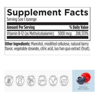 Vitamina B12 Metilcobalamina 5000 Mcg Suplemento Energía Vegano Sabor Bayas