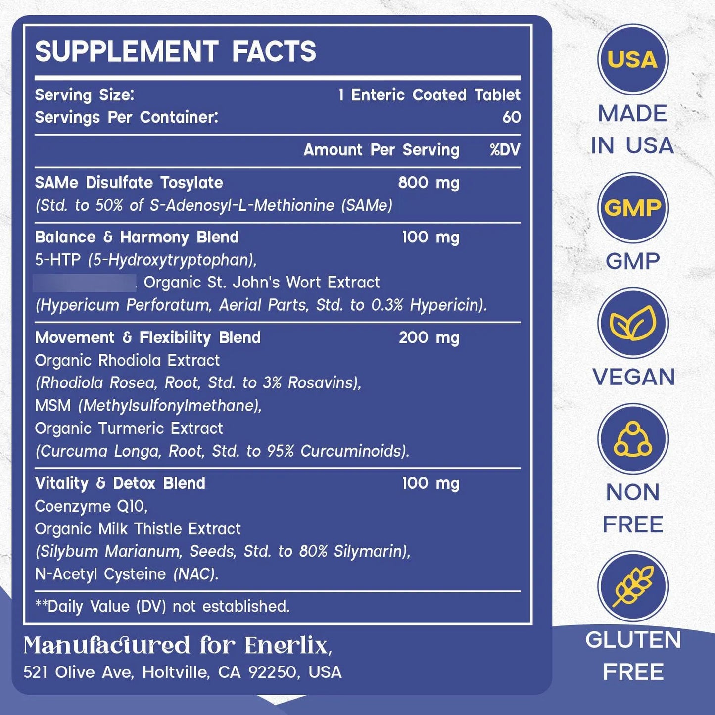 Suplemento SAM E 1200 Mg Para Cerebro Animo Articulaciones E Higado 60 Tabletas
