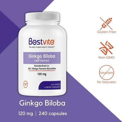 Ginkgo Biloba 120 Mg 240 Capsulas Estandarizado 24 Flavone Glucosidos Puro Sin Gluten