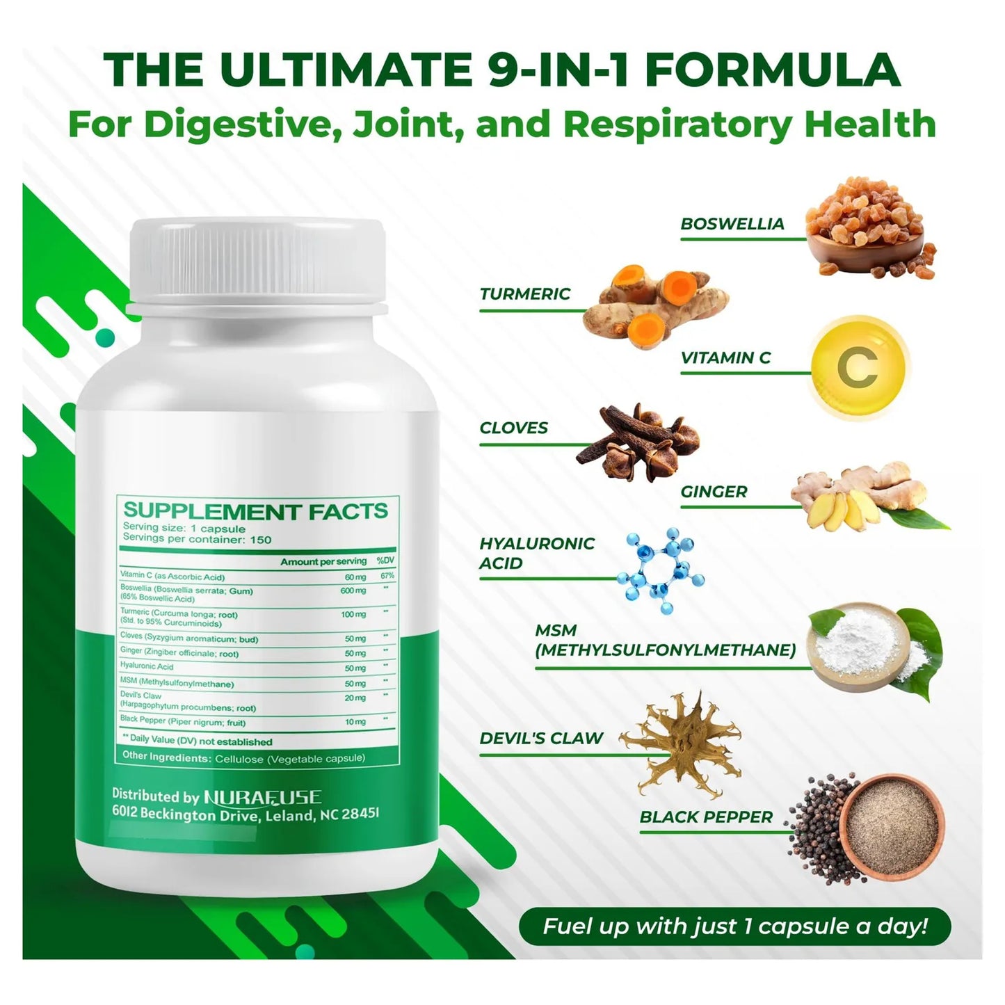 Suplemento Boswellia Clavo Jengibre Curcuma Vitamina C Acido Hialuronico 150 Capsulas