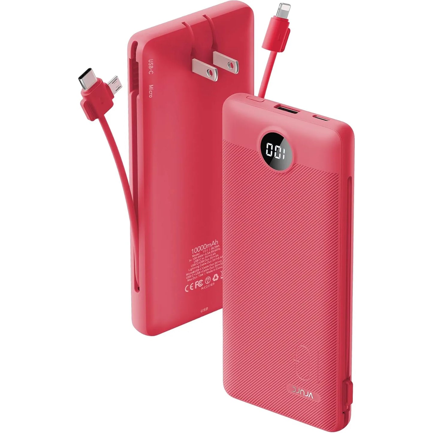 Cargador Portátil Vrurc 10000mah Con Cables Integrados Rojo - Imagen 1