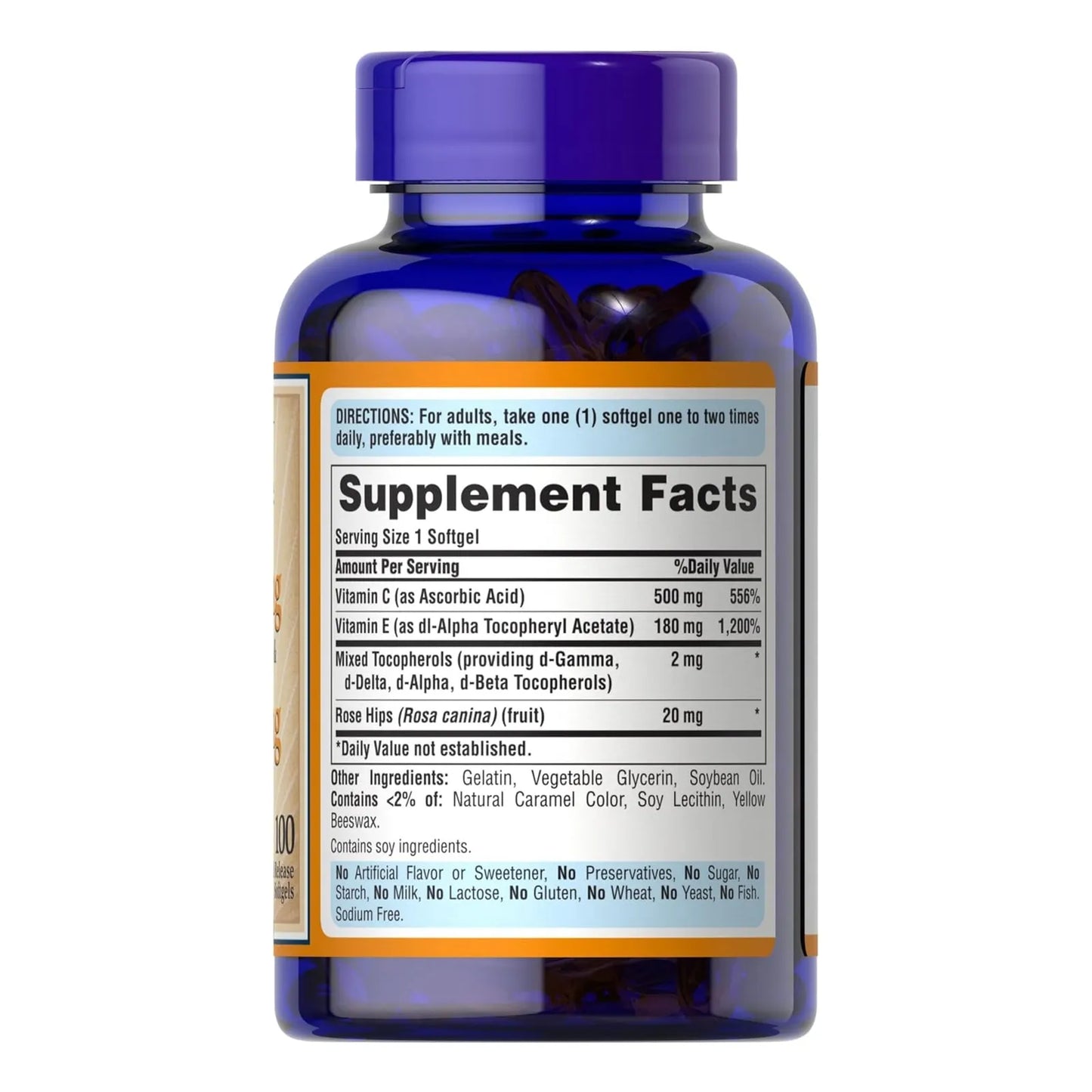 Vitamina C 500 Mg Con Escaramujos Y Vitamina E 400 Antioxidante Puritan's Pride 100 Capsulas