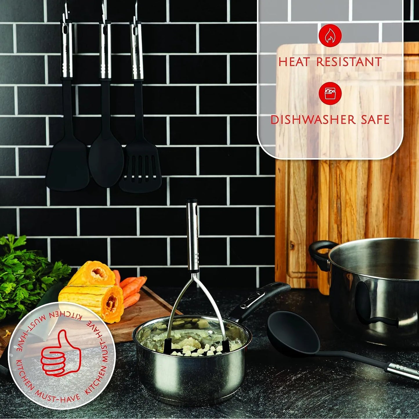 Juego De Utensilios De Cocina 35 Piezas Nailon Y Acero Inoxidable Antiadherente
