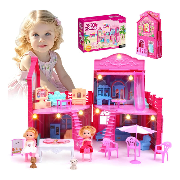 Casa De Muñecas Portatil 4 Habitaciones Con Luces Y Accesorios Incluye 2 Muñecas