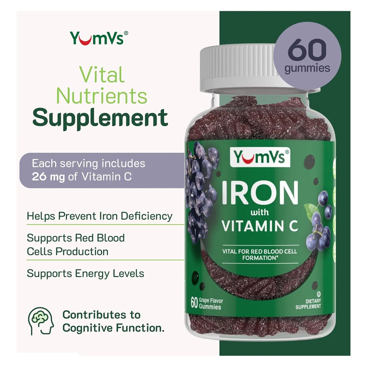 Gomitas De Hierro Adultos Sabor Uva Con Vitamina C YUM-V Suplemento Nutricional