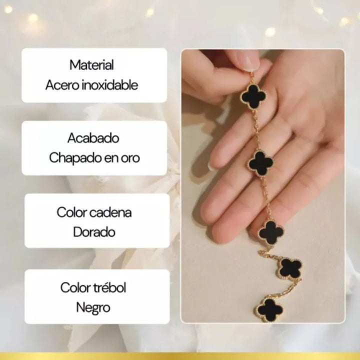 Elegante Pulsera Negra Trébol Cuatro Hojas Regalo Joyeria - Imagen 5