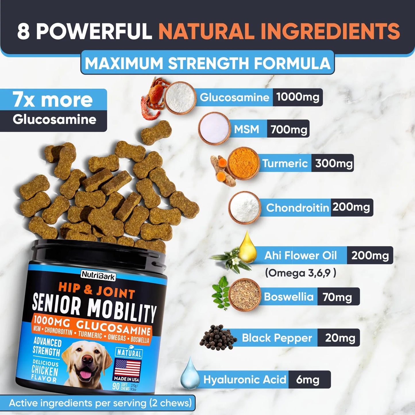 Suplemento Masticable Para Perros Mayores Con 1000 Mg De Glucosamina Y Condroitina