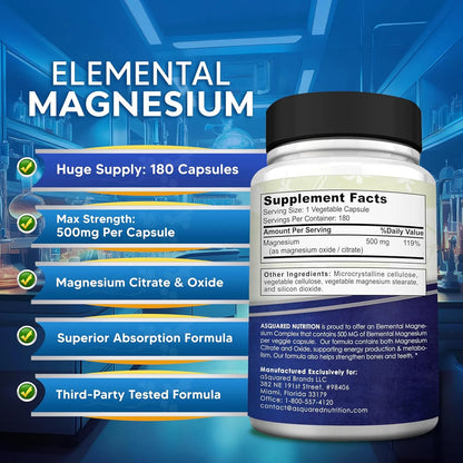 Capsulas De Magnesio Elemental 500 Mg Citrato Y Oxido 180 Unidades aSquared Nutrition