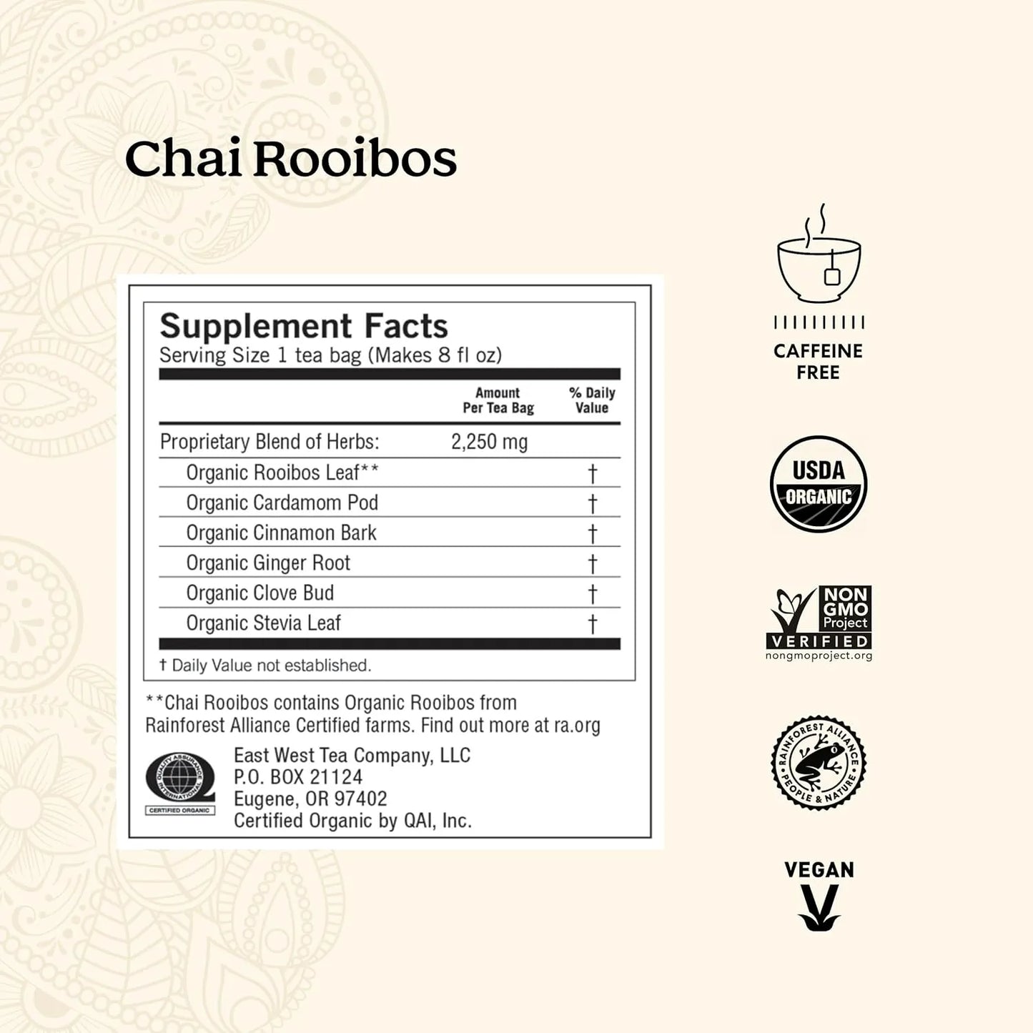 Infusion Chai Rooibos Dulce Picante Paquete De 6 Con 96 Bolsitas Organico