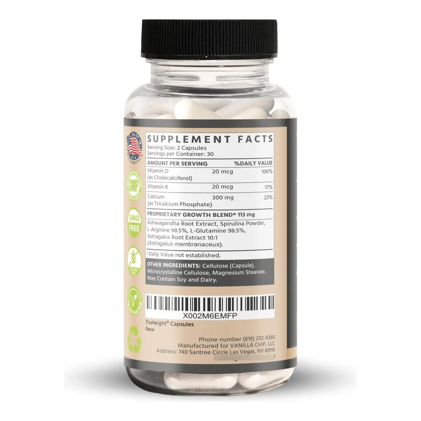 Capsulas Maximizador De Crecimiento De Altura Natural Con Ashwagandha Y Calcio Para Niños Y Adolescentes Paquete De 3