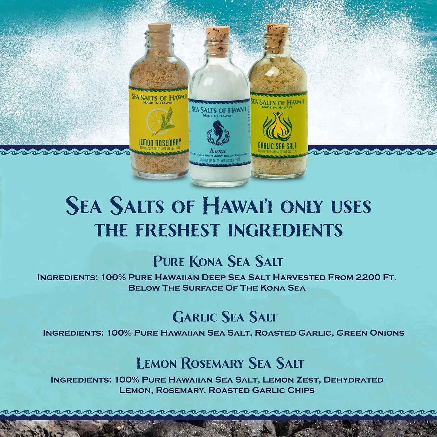 Sal Hawaiana Pura De Kona Ajo Asado Limón Romero Paquete De 3 Sabores