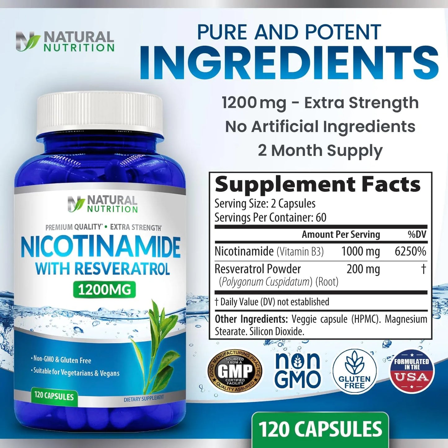 Vitamina B3 Nicotinamida 1200 Mg Con Resveratrol 120 Caps Energia Y Antioxidante