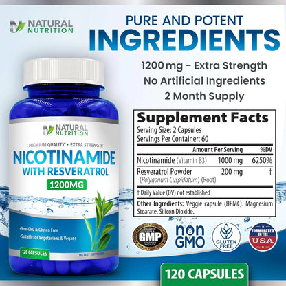 Vitamina B3 Nicotinamida 1200 Mg Con Resveratrol 120 Caps Energia Y Antioxidante