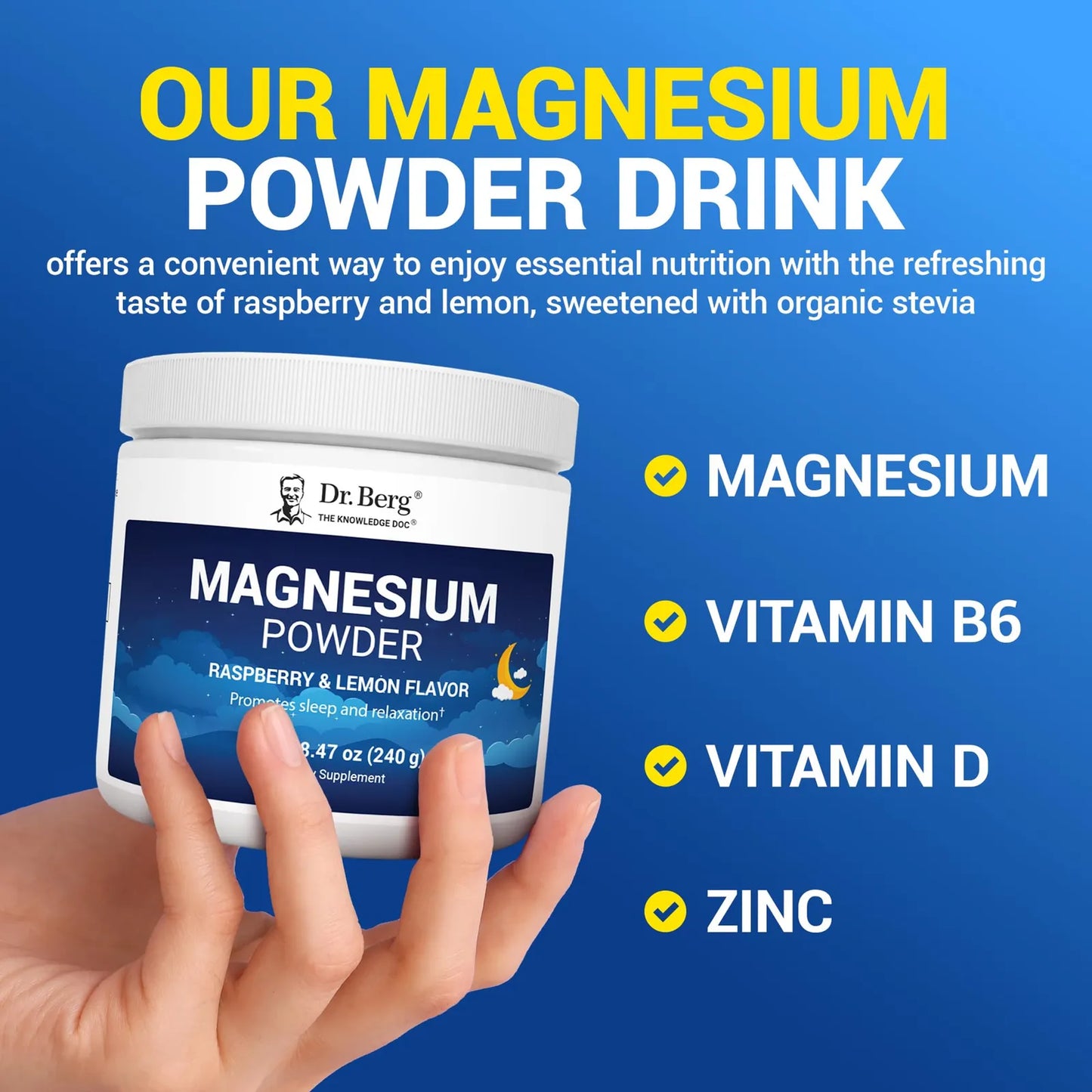 Dr Berg Polvo De Glicinato De Magnesio Para Dormir Relajacion Y Alivio Del Estres Con Vitamina D3 Y Zinc Sabor Frambuesa Y Limon 50 Porciones