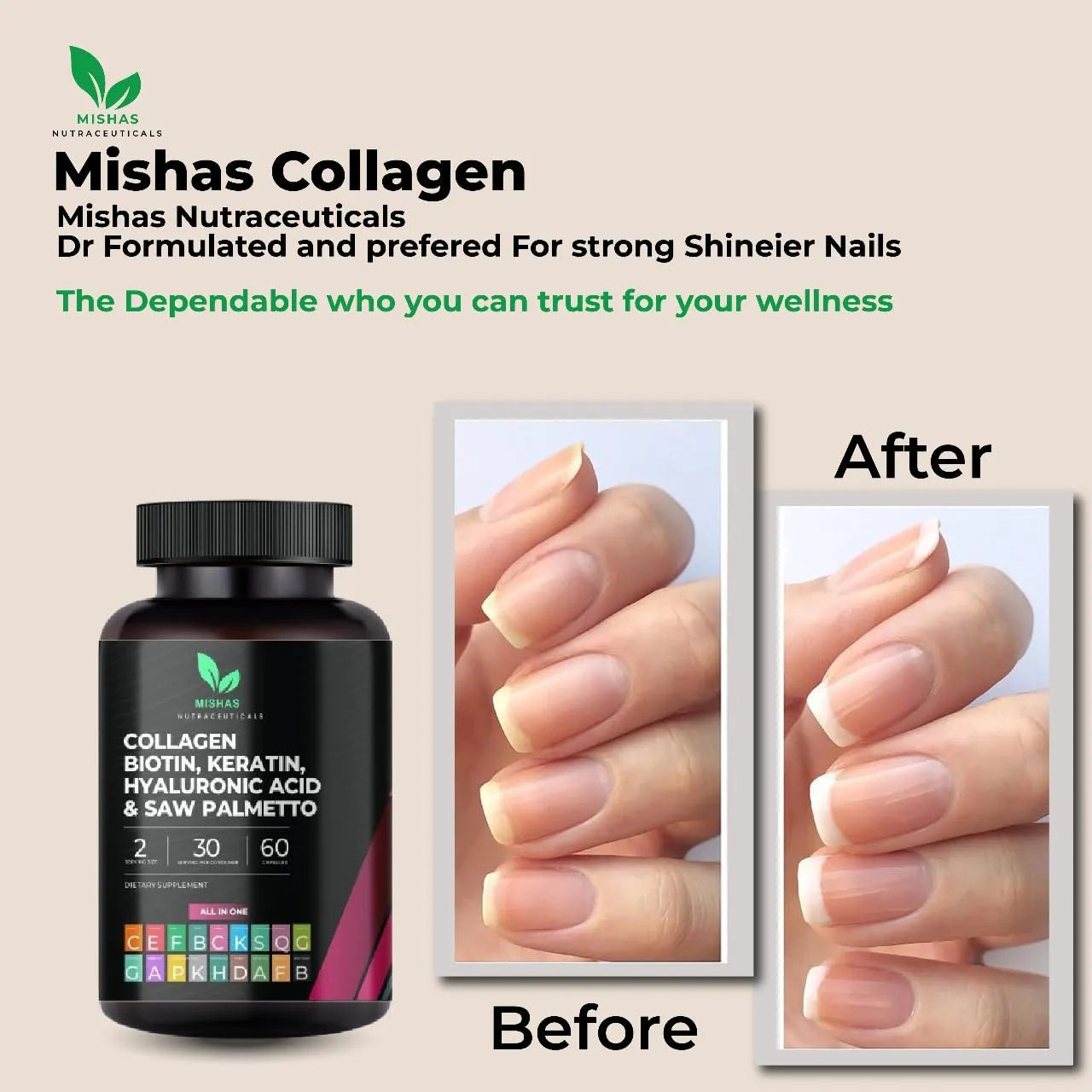Suplemento Multi Colágeno Biotina Queratina Ácido Hialurónico Crecimiento Cabello Piel Uñas 60 Cápsulas