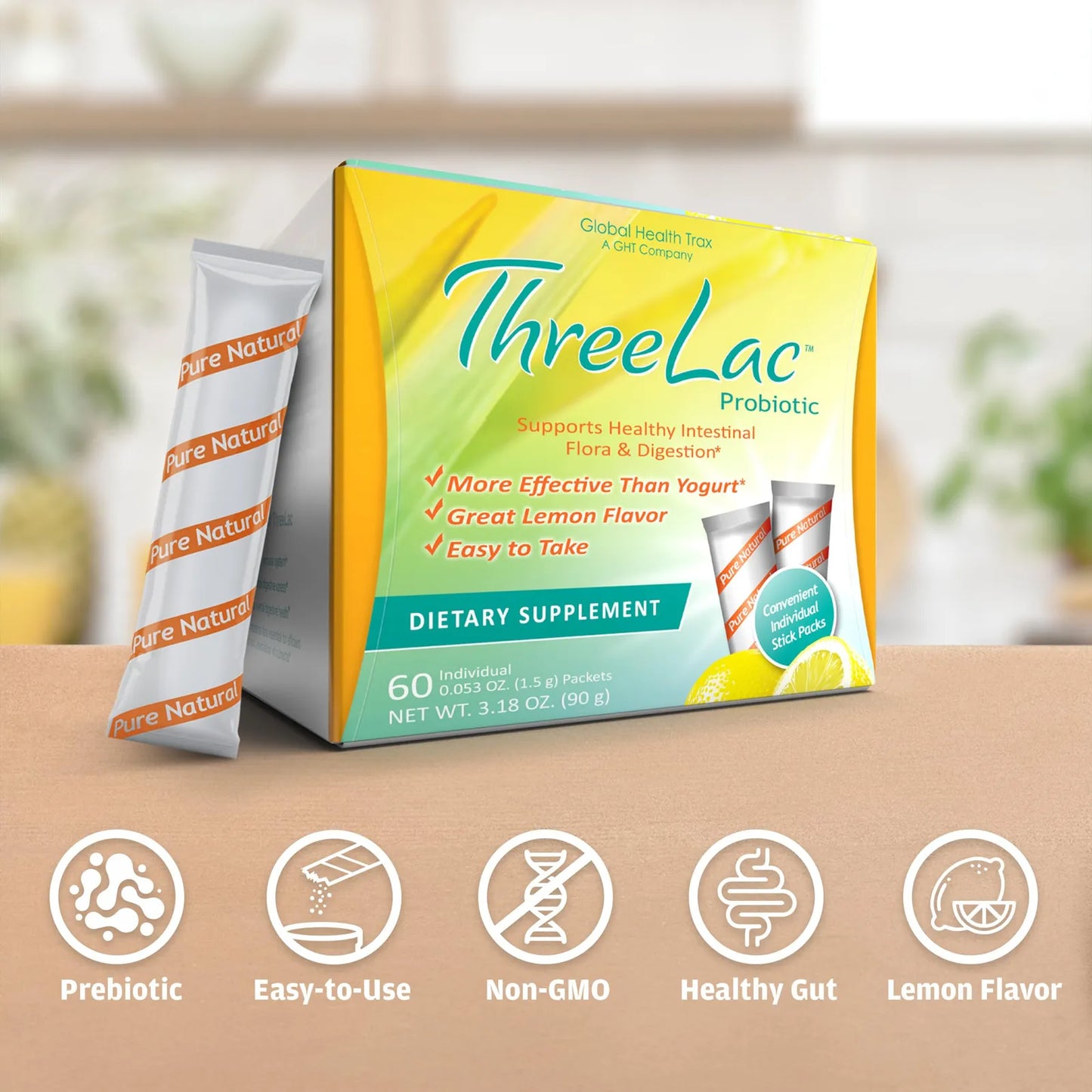 ThreeLac Mezcla De Bebida Probiótica De Limón En Polvo Salud Digestiva E Inmunológica