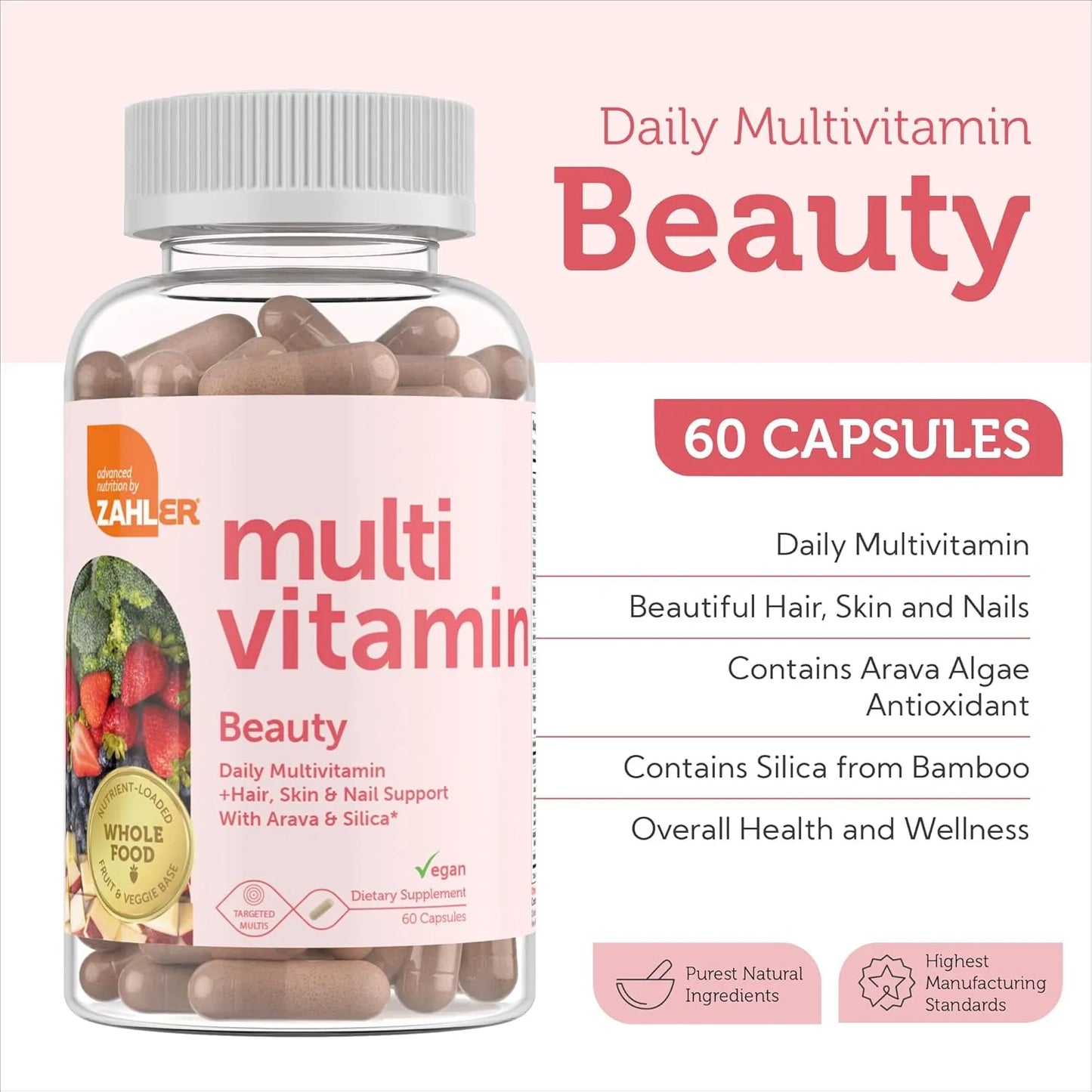 Multivitaminico Diario Cabello Uñas Piel Con Hierro 60 Capsulas Vegano Kosher