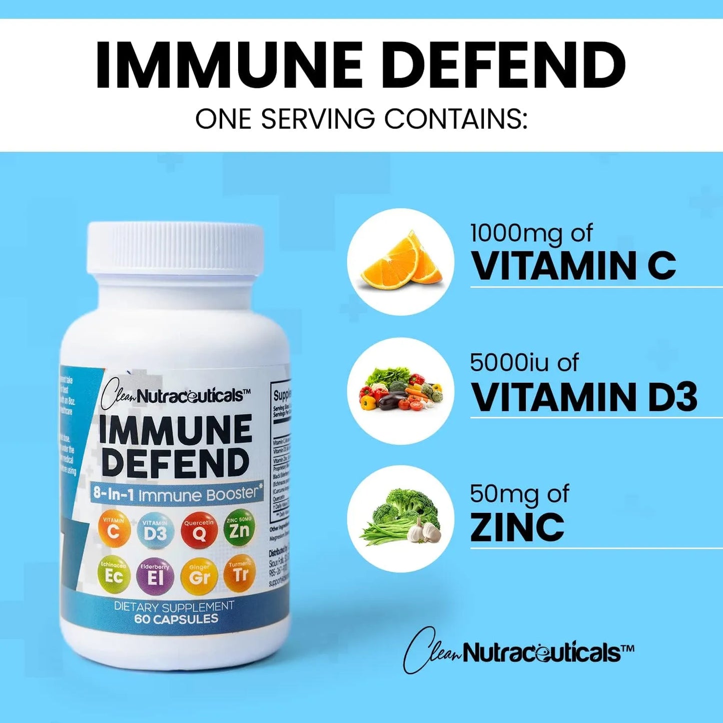 Suplemento Defensa Inmune 8 En 1 Con Zinc Quercetina Vitamina C D3 Saúco 60 Caps