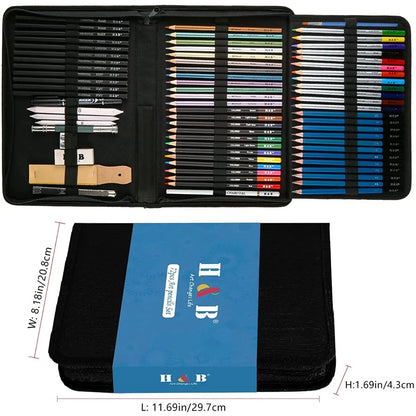 Kit Profesional De Lapices De Dibujo H&B 72 Piezas Incluye Acuarela Carbon Y Boceto